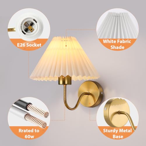 Gold Wall Sconces Sets of 2, Indoor Wall Light Fixtures with Fabric Lampshade, Pleated Fabric Wall Lamp Dresser Hardwired Lamp Wall Lighting Fixture for Bedroom Living Room Porch Dining Room | Wall Light Fixtures with Fabric Lampshade Dresser Hardwired La