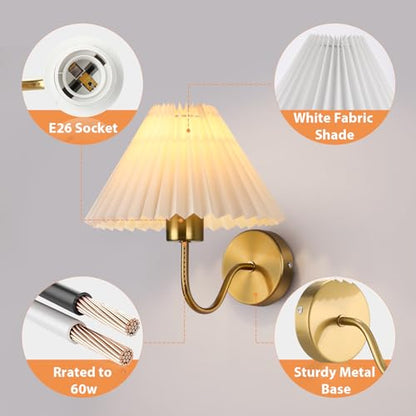 Gold Wall Sconces Sets of 2, Indoor Wall Light Fixtures with Fabric Lampshade, Pleated Fabric Wall Lamp Dresser Hardwired Lamp Wall Lighting Fixture for Bedroom Living Room Porch Dining Room | Wall Light Fixtures with Fabric Lampshade Dresser Hardwired La
