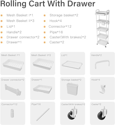Sorgion 5 Tier Rolling Cart Organizer,Bathroom Cart Organizers with Wheels Laundry Room Organization Mobile Shelving Unit Utility Cart Storage Shelves Multi-Functional for Office, Home(White) - size: 5Tier-White