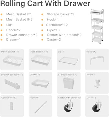 Sorgion 5 Tier Rolling Cart Organizer,Bathroom Cart Organizers with Wheels Laundry Room Organization Mobile Shelving Unit Utility Cart Storage Shelves Multi-Functional for Office, Home(White) - size: 5Tier-White