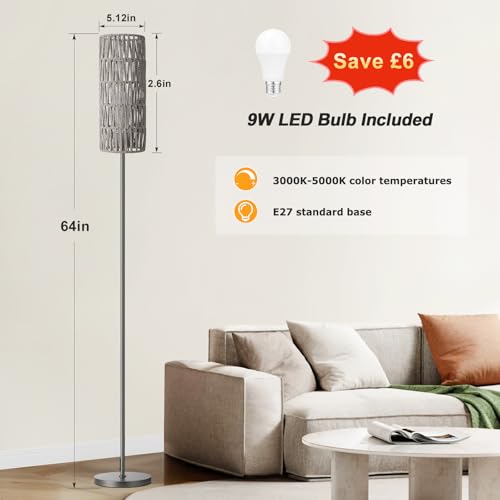 64" Floor Lamp with Bulb & Rattan Shade & Chain Switch, Grey | 3 Color Temperature,9W LED bulb,Boho Floor Lamp,Tall Pole Lamps,Living Room,Bedrooms,for Study,Office - color: Brume Grey Rattan, size: 64.56 inches 1PCS