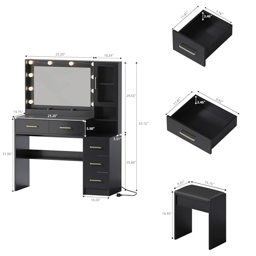 TOKSOM Makeup Vanity with Lights & Charging Station, Black Vanity Table with 5 Drawers & Open Storage Shelves, Bedroom Makeup Dressing Table Set for Women Girls Golden Handles - size: 35.4 inch, style: Modern Black