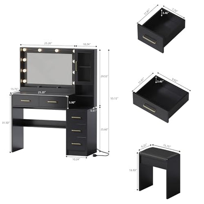 TOKSOM Makeup Vanity with Lights & Charging Station, Black Vanity Table with 5 Drawers & Open Storage Shelves, Bedroom Makeup Dressing Table Set for Women Girls Golden Handles - size: 35.4 inch, style: Modern Black