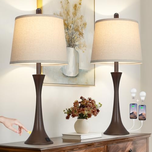 Rinweey 27.5" Table Lamps Set of 2, Touch Bedside Lamps with USB C+A Ports, 3 Way Dimmable Nightstand Lamps for Bedroom, Living Room, Office, Brown Lamp with Beige Lampshade, Bulbs Included - color: Brown