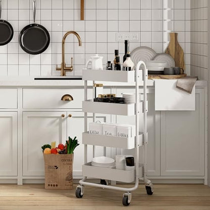 4 Tier Metal Rolling Cart with Wheels,4 Tier Utility Cart with Wheels for Office,Home,Kitchen,Garden（13.4"x18.1"x40"） White - color: White, size: 40"H