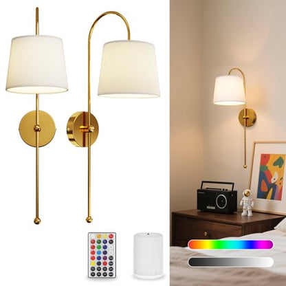 Battery Operated Wall Sconces Set of 2, Rechargeable Wall Sconce | Battery Powered Wireless Wall Lights with Dimmable Magnetic RGB Bulbs & Remote, Lamp for Living Room Bedroom - Gold - color: Gold