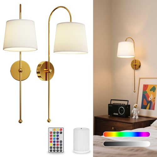 Battery Operated Wall Sconces Set of 2, Rechargeable Wall Sconce | Battery Powered Wireless Wall Lights with Dimmable Magnetic RGB Bulbs & Remote, Lamp for Living Room Bedroom - Gold - color: Gold