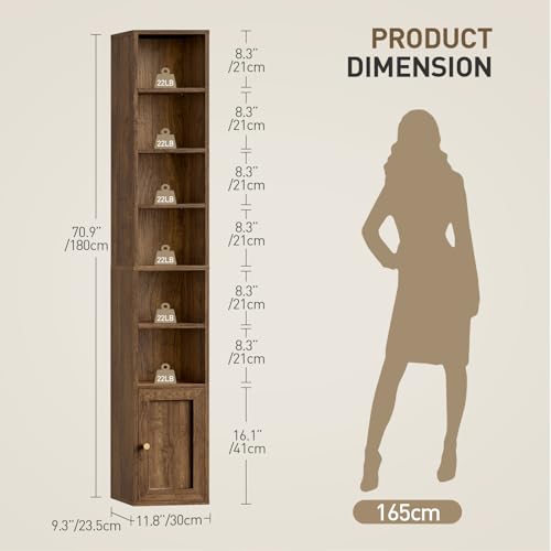 7-Tier Tall Narrow Bookshelf with Door, 70.9 Inches CD DVD Slim Media Tower Rack with Storage Cabinet, Adjustable Shelves, Skinny Bookshelf Display Bookcase for Home Office, Walnut - color: Walnut