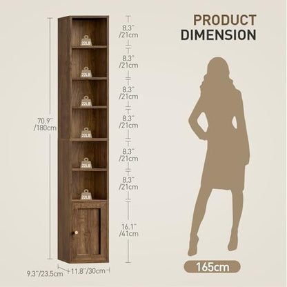 7-Tier Tall Narrow Bookshelf with Door, 70.9 Inches CD DVD Slim Media Tower Rack with Storage Cabinet, Adjustable Shelves, Skinny Bookshelf Display Bookcase for Home Office, Walnut - color: Walnut