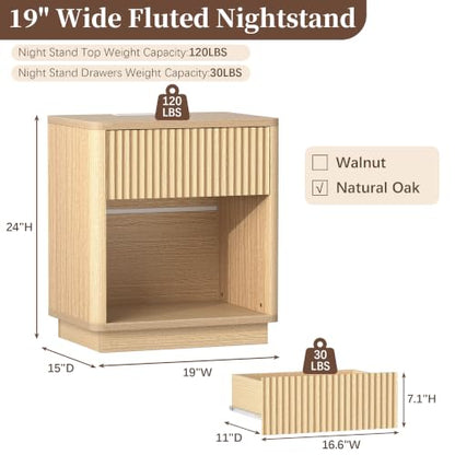 Baoz Oak Fluted Nightstand with Charging Station & 1 Drawers for Bedroom | 19" Wide Mid Century Modern Bedside Table Natural Wood Curved Profile Design Night Stand Metal Handle - color: Oak, size: 1 Drawers
