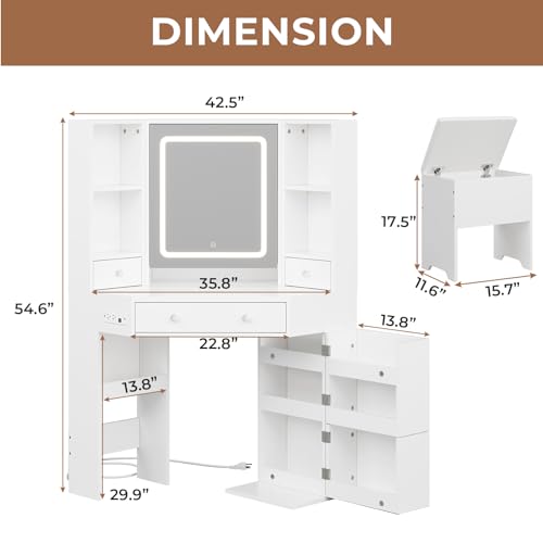 HAUOMS Corner Vanity Desk with LED Lighted Mirror, Storage Bench, White | Rotating Cabinet with 6 Shelves, 2 Drawers & Power Outlet, 3 Light Settings, for Women Girls Space Saving - style: Creamy White