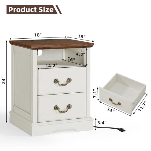 Farmhouse Night Stand with Charging Station, White | 2 Drawers End Tables Bedroom, Bedside Table with Rustic Handles & Floor-Standing Thickened Foot & Open Shelf - color: White, size: 18"D x 18"W x 24"H (2 Drawers)