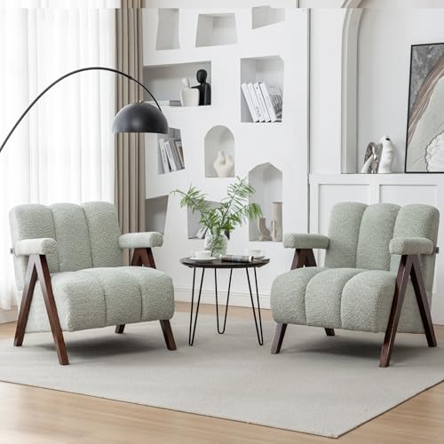 Mid Century Modern Accent Chairs Set of 2 with Solid Wood Frame, Boucle Upholstered Living Room Chairs with Thick Cushion, Comfy Tufted Arm Chair for Bedroom, Sage - color: Sage, size: 1-seater, 2-piece set