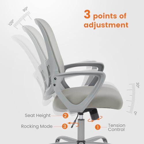 Sweetcrispy Executive Home Office Chair, Mesh Office Chair, Grey | Ergonomic Executive, Adjustable Height, 360° Swivel Wheels, Mid-Back, Comfy Arms, Bedroom, Study, Student - color: Grey, size: 18.5"D&Fixed Arm-Plus