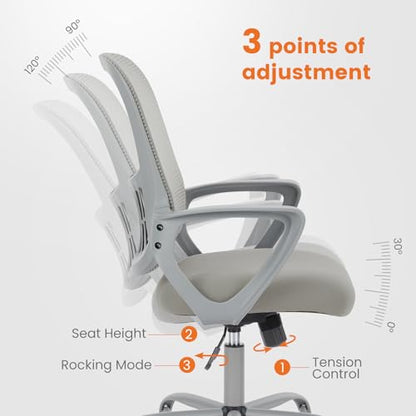 Sweetcrispy Executive Home Office Chair, Mesh Office Chair, Grey | Ergonomic Executive, Adjustable Height, 360° Swivel Wheels, Mid-Back, Comfy Arms, Bedroom, Study, Student - color: Grey, size: 18.5"D&Fixed Arm-Plus