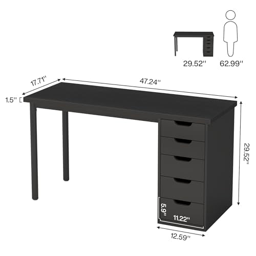 Tribesigns Computer Desk with 5 Drawers, 47 inches Rustic Brown Home Office Desk with Storage, Modern Simple Laptop Desk Study Writing Table for Small Spaces (1, Black) - color: Black