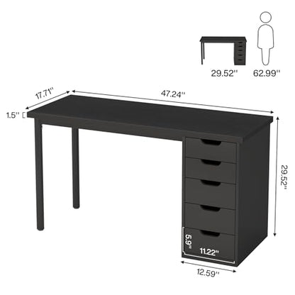 Tribesigns Computer Desk with 5 Drawers, 47 inches Rustic Brown Home Office Desk with Storage, Modern Simple Laptop Desk Study Writing Table for Small Spaces (1, Black) - color: Black