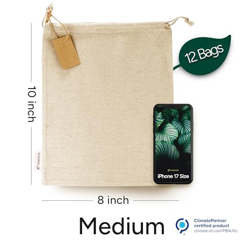 Organic Cotton Produce Bags - Medium 8x10 Inch (12 Bags) - Reusable Muslin Storage Bags with Drawstrings - Biodegradable Canvas Fabric - Perfect for Snacks, Clothes - size: Medium 8x10"