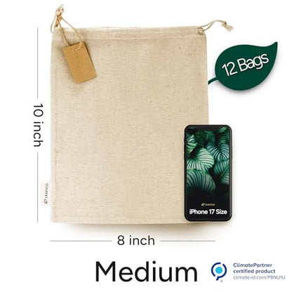 Organic Cotton Produce Bags - Medium 8x10 Inch (12 Bags) - Reusable Muslin Storage Bags with Drawstrings - Biodegradable Canvas Fabric - Perfect for Snacks, Clothes - size: Medium 8x10"