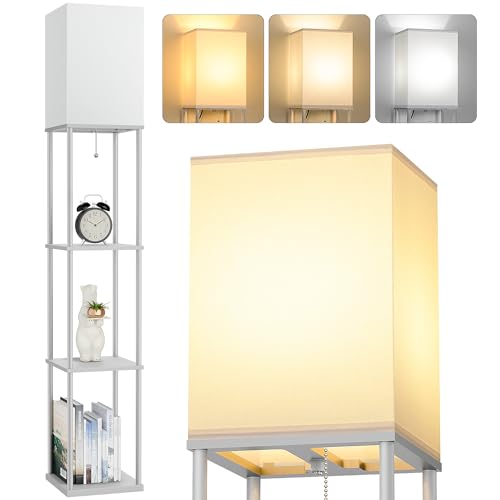 Floor Lamp with Shelves, 3-Tier Modern Square Bookshelf Standing Lamp Grey | 3 Color Temperature Bulb Included, Pull Chain Tall Lamp for Living Room Bedroom Corner Office Apartment Decor - color: Gray