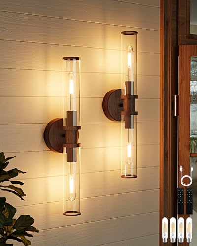 Rayogale Walnut Wireless Battery Operated Wall Sconces with Remote Control | Glass Rechargeable Wall Lights Set of 2 with Timer Function Dimmable for Living Room Bedroom Emergency 3000K, 20.5 Inch - color: Walnut(Clear Tubular Lampshade)
