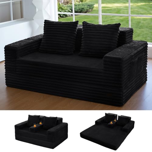 MAXYOYO Sofa Bed, 64-Inch Boneless Loveseat with 2 Cup Holders | Striped Black 4-in-1 Sofa Converts Into a Floor Couch or Recliner Chair; Sofa-in-a-Box Needs No Assembly for Living Rooms - color: Striped Black, size: Standard(64" Length)