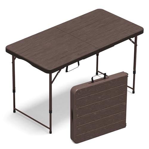 VSOAEIL 4 FT Folding Table, Small Plastic Foldable Table Adjustable Height | 4 Feet Portable Heavy Duty Utility Folding Table with Handle for Picnic Party Dining Camping Indoor Outdoor,Brown - 4 Foot - color: Brown, size: 4 FT - 1 PACK