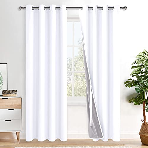 XWZO 100% Blackout Curtains 2 Panels with Tiebacks- Heat and Full Light Blocking Window Treatment with Black Liner for Bedroom/Nursery, Grommet Top, White, W52 x L84 Inches Long, Set of 2 - color: White, size: 52"W x 84"L (Pack of 2)