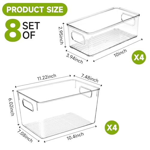 YKIOKE 8 Pack Clear Plastic Storage Bins with Handles, Stackable Organizer | BPA-Free, 4 Large & 4 Small Stackable Organizer Containers for Kitchen Cabinets, Countertops, Drinks, Fruits, Vegetables - size: 8-Pack