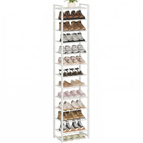 Narrow Shoe Rack 12-Tier, Tall Shoe Organizer for Small Spaces | White, Holds Up to 26 Pairs, for Closets, Entryways, Garage, Dorm Rooms, Reinforced Wire Shelves, Wood Top - color: White, size: 12 Tier