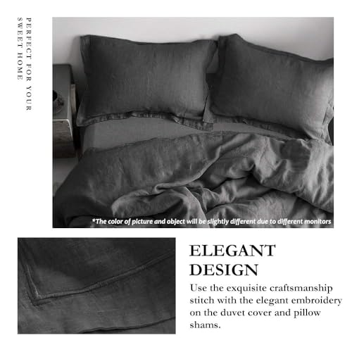 Simple&Opulence 100% Linen Duvet Cover Set with Embroidery Border Washed - 3 Pieces (1 Duvet Cover with 2 Pillow Shams) with Button Closure Soft Breathable Farmhouse - Dark Grey, Full Size - color: Dark Grey, size: Full