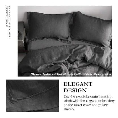 Simple&Opulence 100% Linen Duvet Cover Set with Embroidery Border Washed - 3 Pieces (1 Duvet Cover with 2 Pillow Shams) with Button Closure Soft Breathable Farmhouse - Dark Grey, Full Size - color: Dark Grey, size: Full