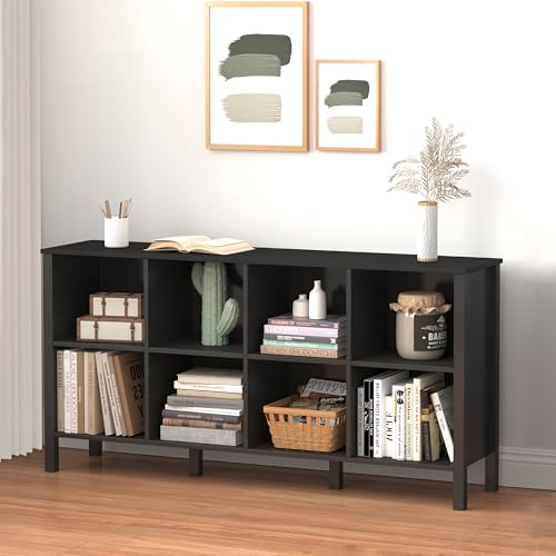 8-Cube Bookcase, Farmhouse Wooden Bookshelf Low Storage Organizer, 59" Horizontal Black Console with Legs, Hallway Book Case for Entryway, Display Cabinet for Living Room (Black, 8-Cube) - color: Black, size: 8-Cube