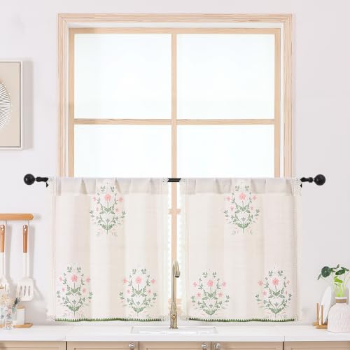 Chyhomenyc 24 Inch Floral Short Curtains, Light Filtering Faux Linen Tier Curtains with Floral Print Lace Edge, Half Window Curtains for Kitchen Bathroom, 26" W x 24" L, 2 Panels - size: 26"W x 24"L (Pack of 2)