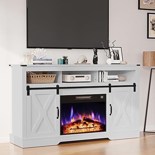 RoyalCraft Farmhouse Fireplace TV Stand, Entertainment Center for 65+ Inch TV with 23" Electric Fireplace, Modern Rustic TV Console with Sliding Bar Door for Living Room, White - color: White-2, style: Electric Fireplace Included