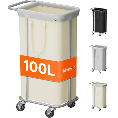 Lifewit 100L Rolling Laundry Basket with Steel Frame, Removable Bag, White | 1 Section Laundry Hamper with Rubber Wheels, Waterproof Large Laundry Cart, Sturdy Steel Base for Luandry Room, Bedroom - color: White, size: 100L