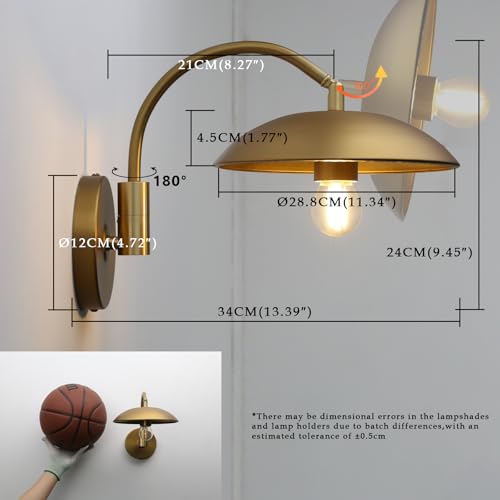 Phansthy Modern Brass Wall Sconce Hardwired 2 Pack, Adjustable Lighting Direction Wall Light, Swing Arm Wall Lamp with 8.5" Metal Half Sphere Shade for Bedside Reading, Farmhouse (Antique Gold) - color: Antique Gold