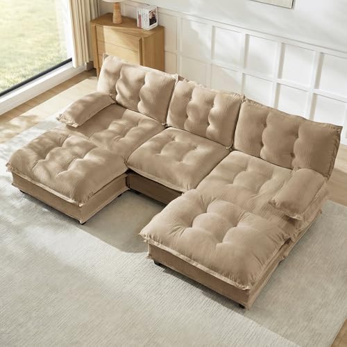Modular Sectional U-Shaped Sofas,Roomy 3 Seater Sofa Couch with Ottomans,107.8" Chenille U Shape Cloud Couches,Modern Tufted Corner Sofa Set for Living Room - color: Light Coffee, size: 3+2