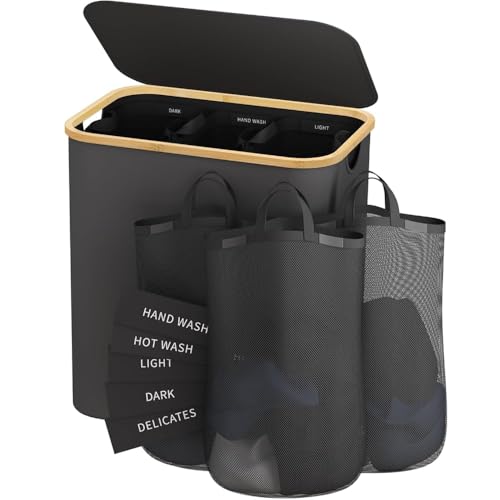 145L Laundry Hamper with Lid, 3 Section Laundry Basket with 3 Removable Bag | Clothes Hampers for Laundry with Bamboo Frame Handle, Large Dirty Clothes Hamper for Laundry Room, Bathroom, Bedroom, Grey - color: Dark Grey, size: 145L