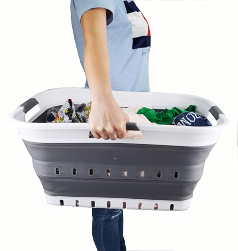 SAMMART 42L (11 gallon) Collapsible Plastic Laundry Basket - Foldable Pop Up Storage Container/Organizer - Portable Basket - Space Saving Hamper/Basket (2, White/Dark Grey) - color: White/Dark Grey