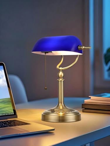 Blue Stepless Dimmable Glass Bankers Desk Lamp | Table Lamp Plug in Fixture for Study Home Office, LED Bulb Included - color: Blue-Dimmable