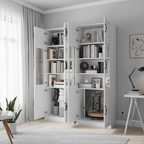 Bobve 86.6" H Extra Tall Narrow Storage Cabinet, Tall Bathroom Cabinet with Glass Door and Shelves, 5-Tier Free-Standing Cube for Bathroom, Living Room, Kitchen, Big Compartment - size: 31.5"W