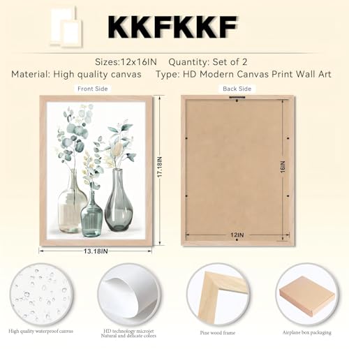 Framed Sage Green Boho Plant Wall Art Set of 2 Bohemain Botanical Wall Printing Neutral Canvas Prints with Eucalyptus Leaf and Glass Bottle Wall Decor For Kitchen Dining Room Living Roon Bathroom 12x16IN - color: Plant kitchen Framed, size: 12"L x 16"W