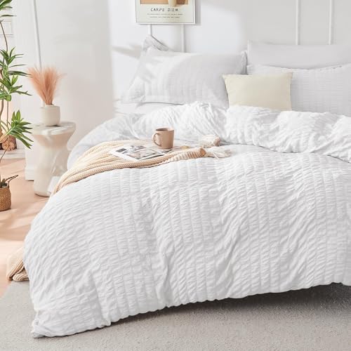 HYMOKEGE White Twin Size Duvet Cover, Ultra Soft 2-Piece Seersucker Duvet Cover Set with Zipper Closure, Soft Brushed Microfiber Bedding Set with 8 Corner Ties (68"x90", 1 Pillowshams) - color: 02 - White (No Comforter), size: Twin(68"×90")
