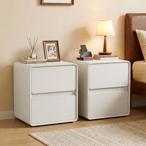 15.8" W Leather Narrow Nightstand Set of 2, Modern Fully-Assembled Bedside Table with 2 Drawers, Night Stand Small End Table & Side Table for Bedroom, Cream White - color: Cream Set of 2, size: 16in