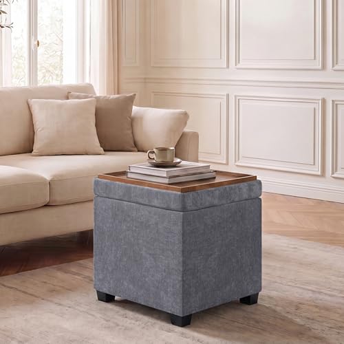 15 inch Square Storage Ottoman with Tray Lid,Modern Tufted Fabric Cube Coffee Table with Storage,Upholstered Ottoman with Removable Top for Living Room, Bedroom - color: Gray With Tray