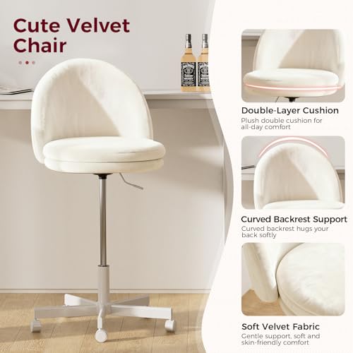 GTPLAYER Velvet Tall Office Chair with Wheels Vanity Chairs with Back, Versatile Height Use: Office to Bar Stools Small Ergonomic Comfy Armlees Computer Desk Chair with Bow Lumbar Pillow for Gift - color: Ve-white
