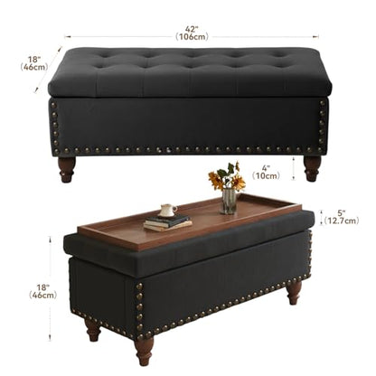 42'' End of Bed Storage Bench with Dual-Surface Lid, Upholstered Ottoman with Hidden Storage, Chenille Bench Seating with Wood Panel Seat for Entryway,Living Room,Bedroom-Black - color: 5-black