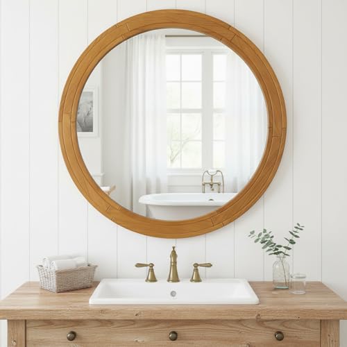 30 Inch Round Wood Wall Mirror, Farmhouse Rustic Circle Mirror, Wall Mounted Decorative Mirror for Bathroom Vanity, Living Room, Entryway, Bedroom, Vanity, Hallway - color: Walnut-3, size: 29.9"L x 29.9"W