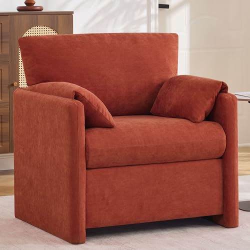 Oversized Accent Chair for Living Room, Large Modern Armchair with Deep Seat, Mid-Century Comfy Reading Chair with Padded Arms, Chenille Single Sofa Chairs for Bedroom, Orange, Regular, 1PC - color: Orange, size: Regular